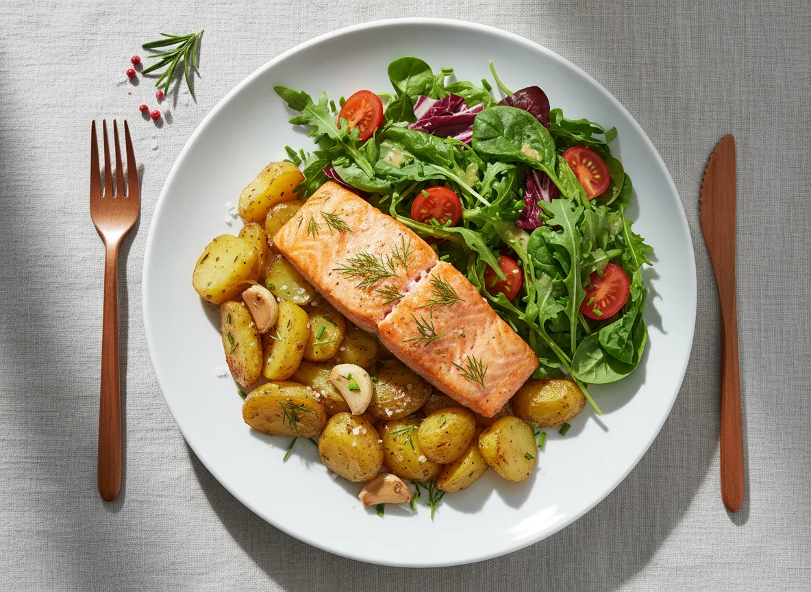 Lachs mit Rosmarinkartoffeln und Salat photo