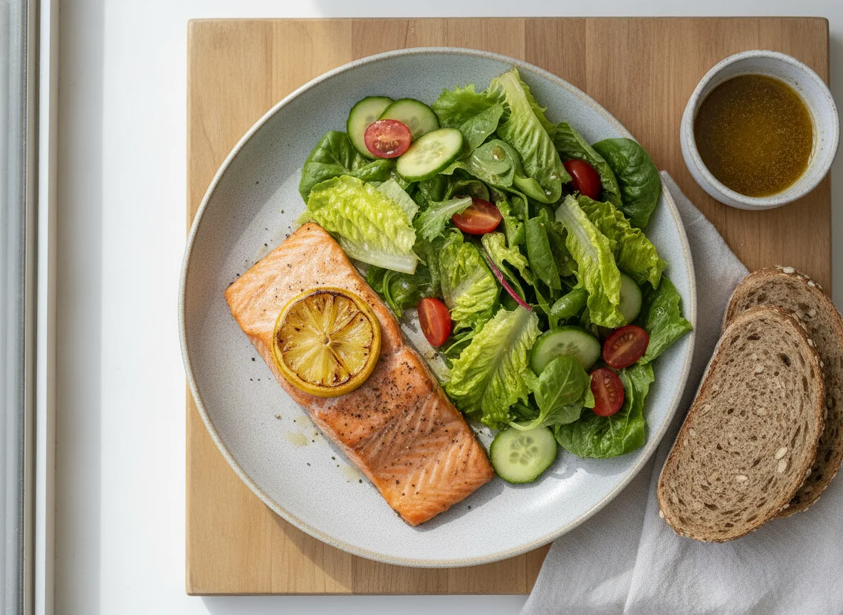 Lachs mit Salat und Brot photo