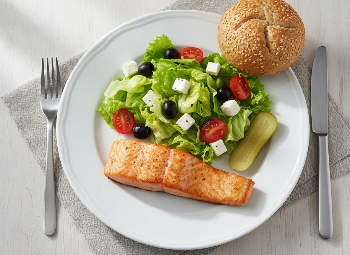 Lachs mit Salat und Brötchen photo