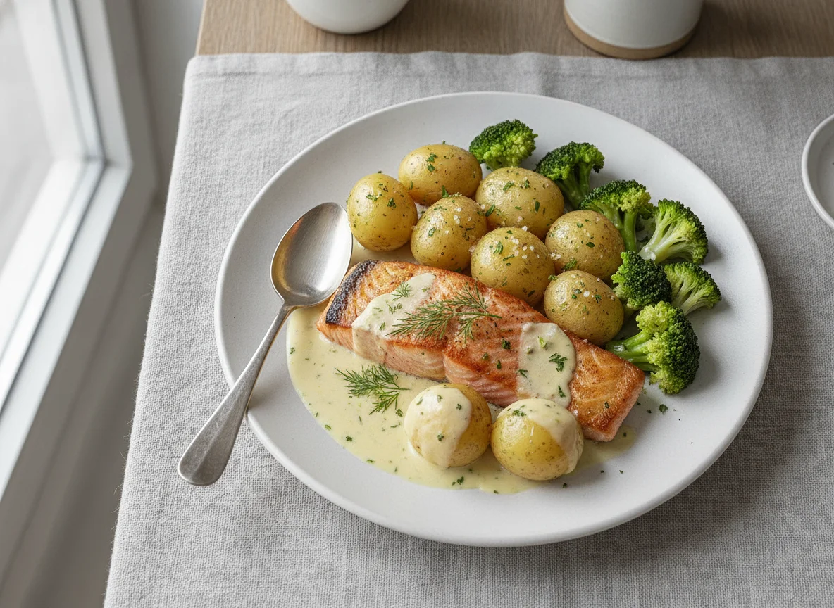 Lachs mit Salzkartoffeln, Brokkoli und Sahnesauce photo