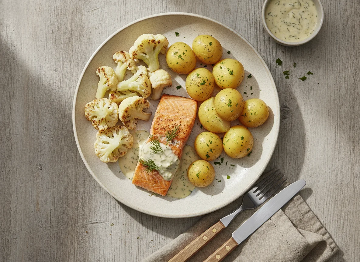 Lachs mit Salzkartoffeln und Blumenkohl photo