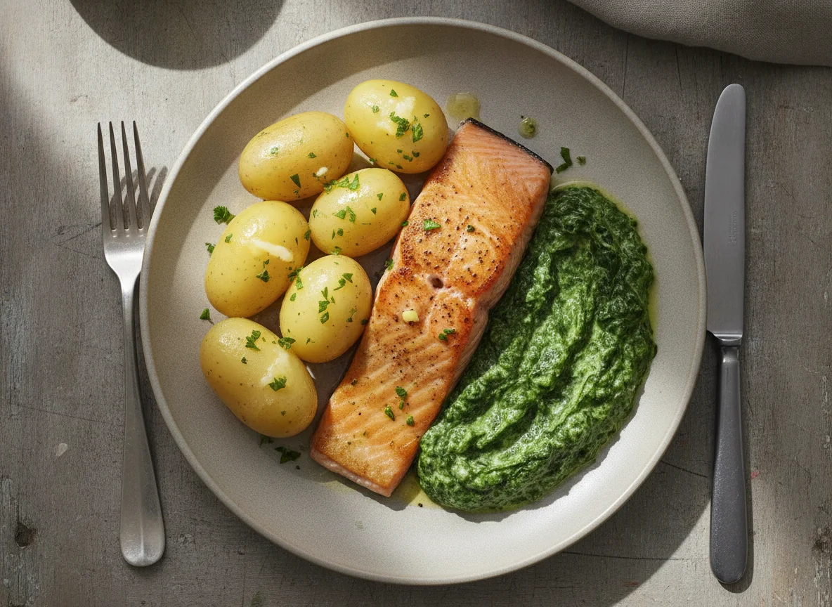 Lachs mit Salzkartoffeln und Rahmspinat photo