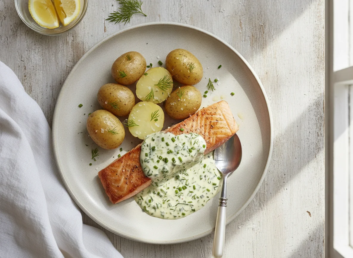 Lachs mit Salzkartoffeln und Sahnesauce photo