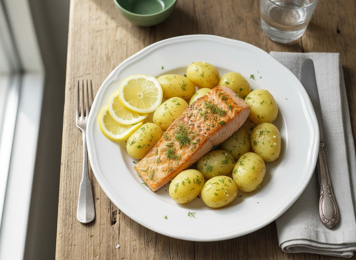 Lachs mit Salzkartoffeln und Zitrone photo