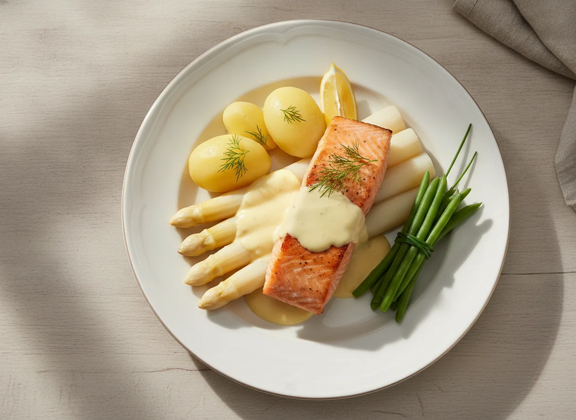 Lachs mit Spargel, Kartoffeln und Sauce Hollandaise photo
