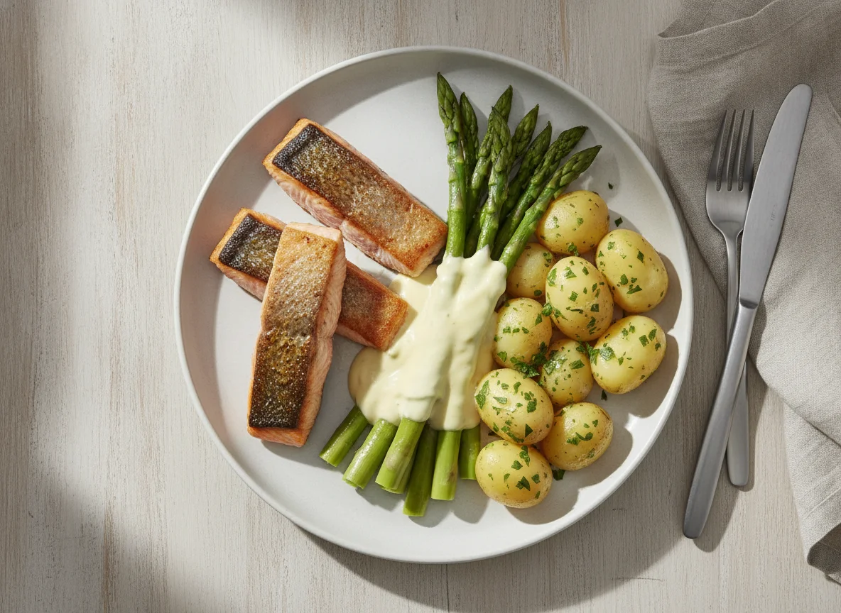 Lachs mit Spargel, Salzkartoffeln und Sauce Hollandaise photo