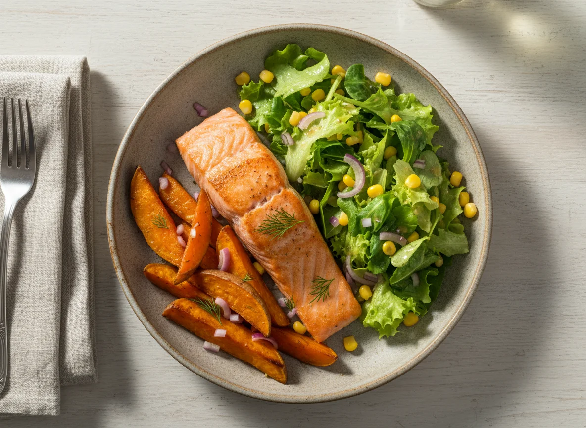 Lachs mit Süßkartoffeln und Salat photo