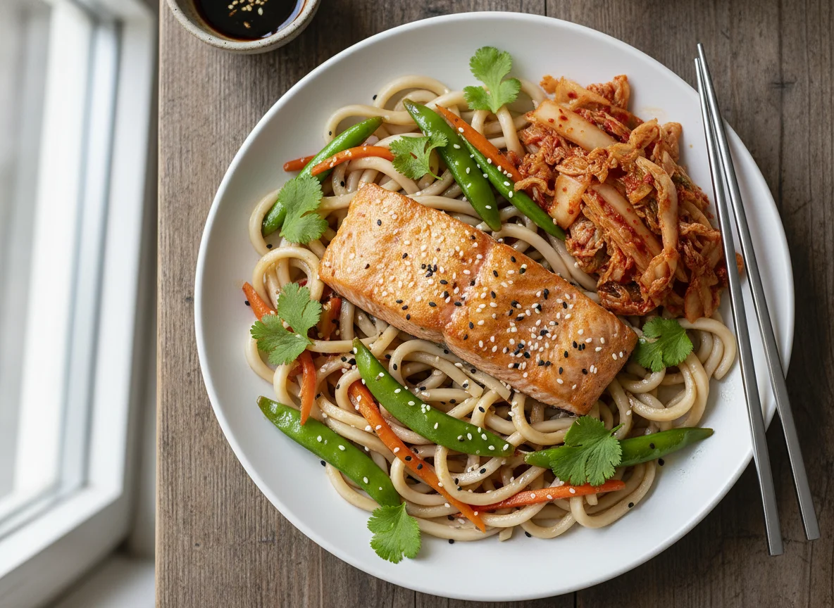 Lachs mit Udon-Nudeln und Kimchi photo