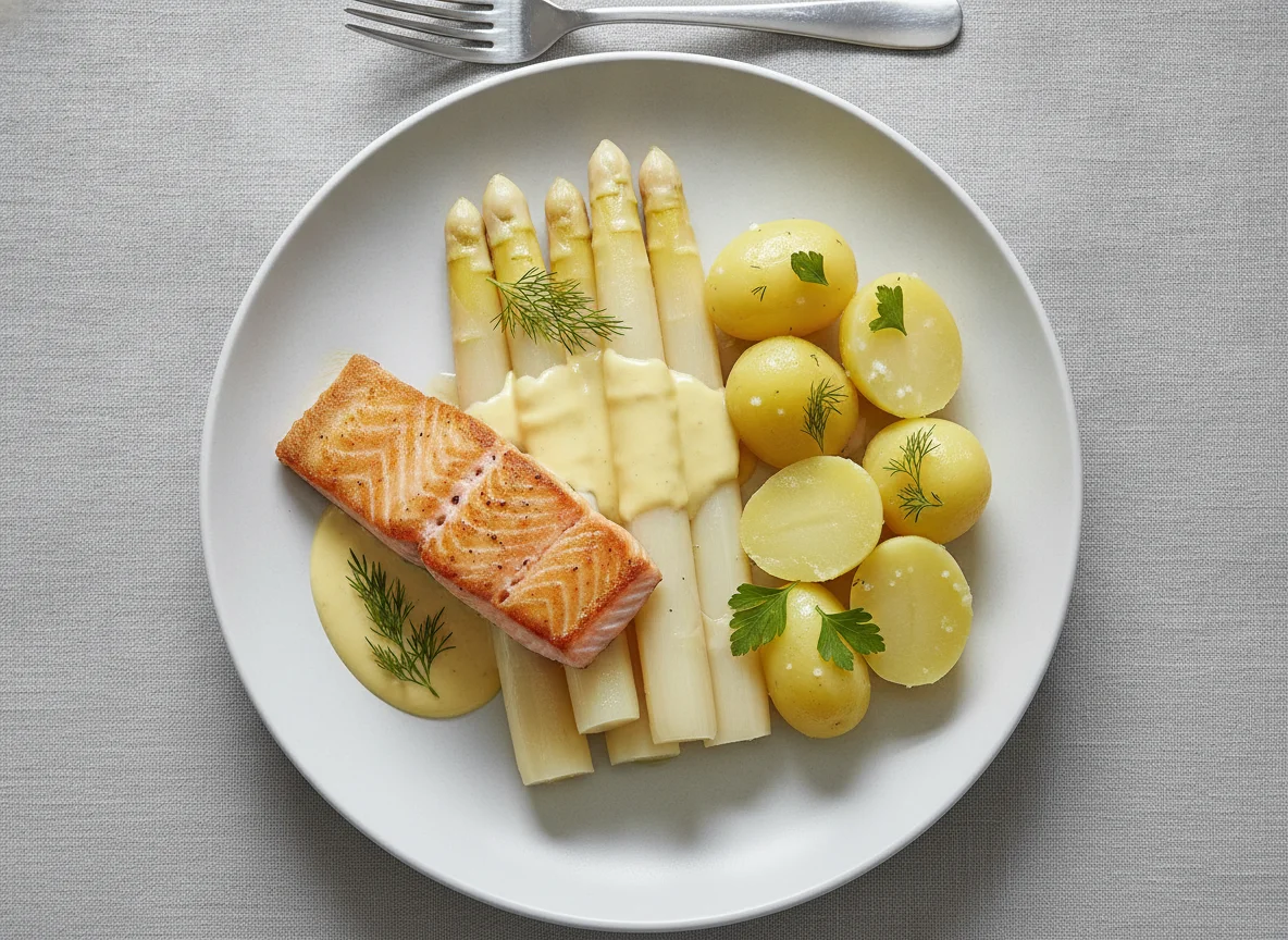 Lachs mit weißem Spargel, Kartoffeln und Sauce Hollandaise photo