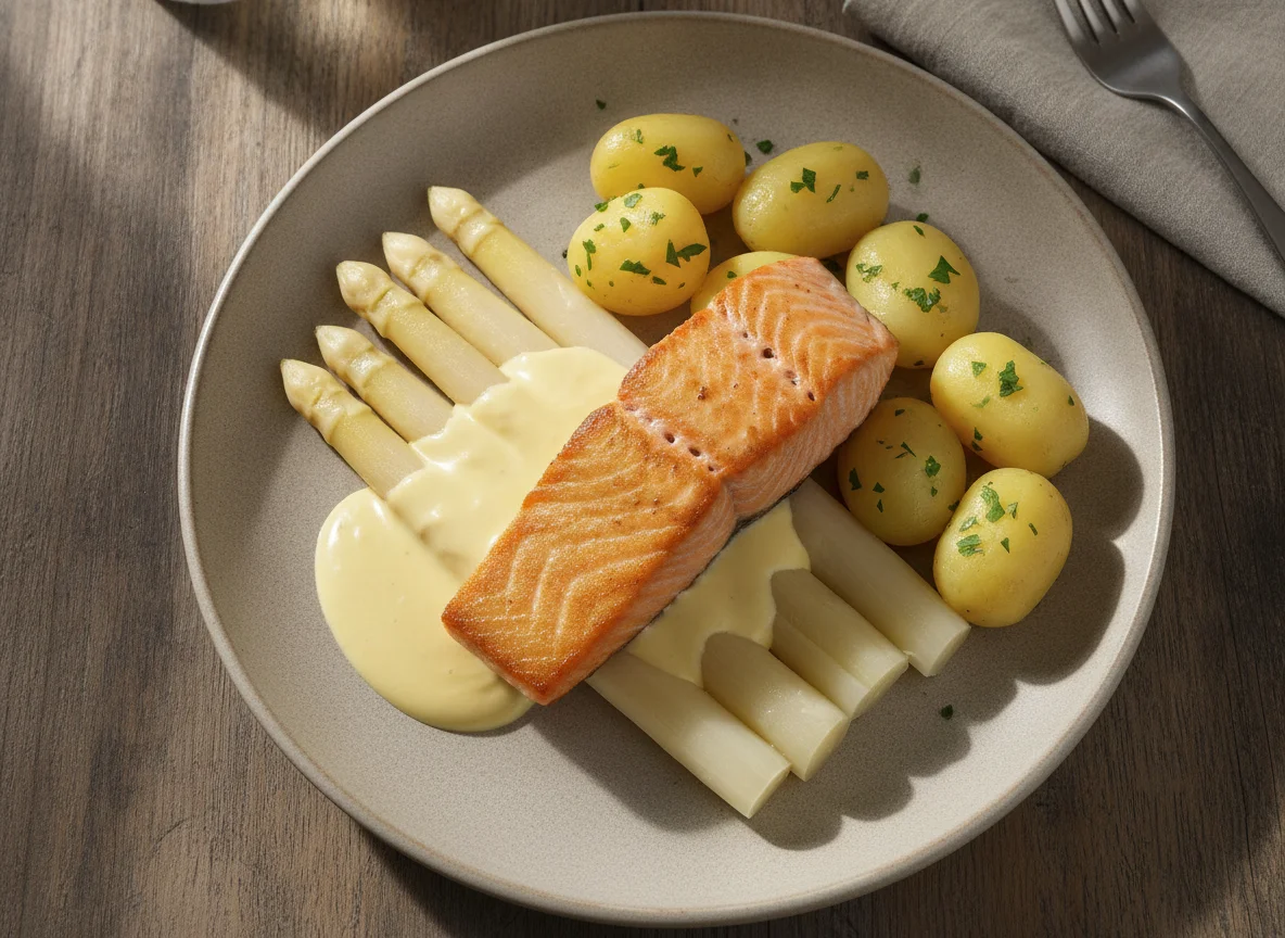 Lachs mit weißem Spargel, Salzkartoffeln und Sauce Hollandaise photo