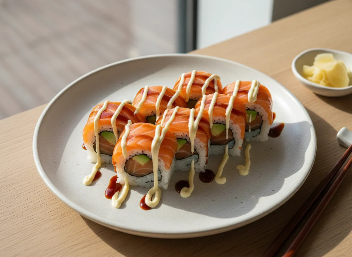 Lachs Sushi Rollen mit Mayonnaise und Unagi-Sauce photo