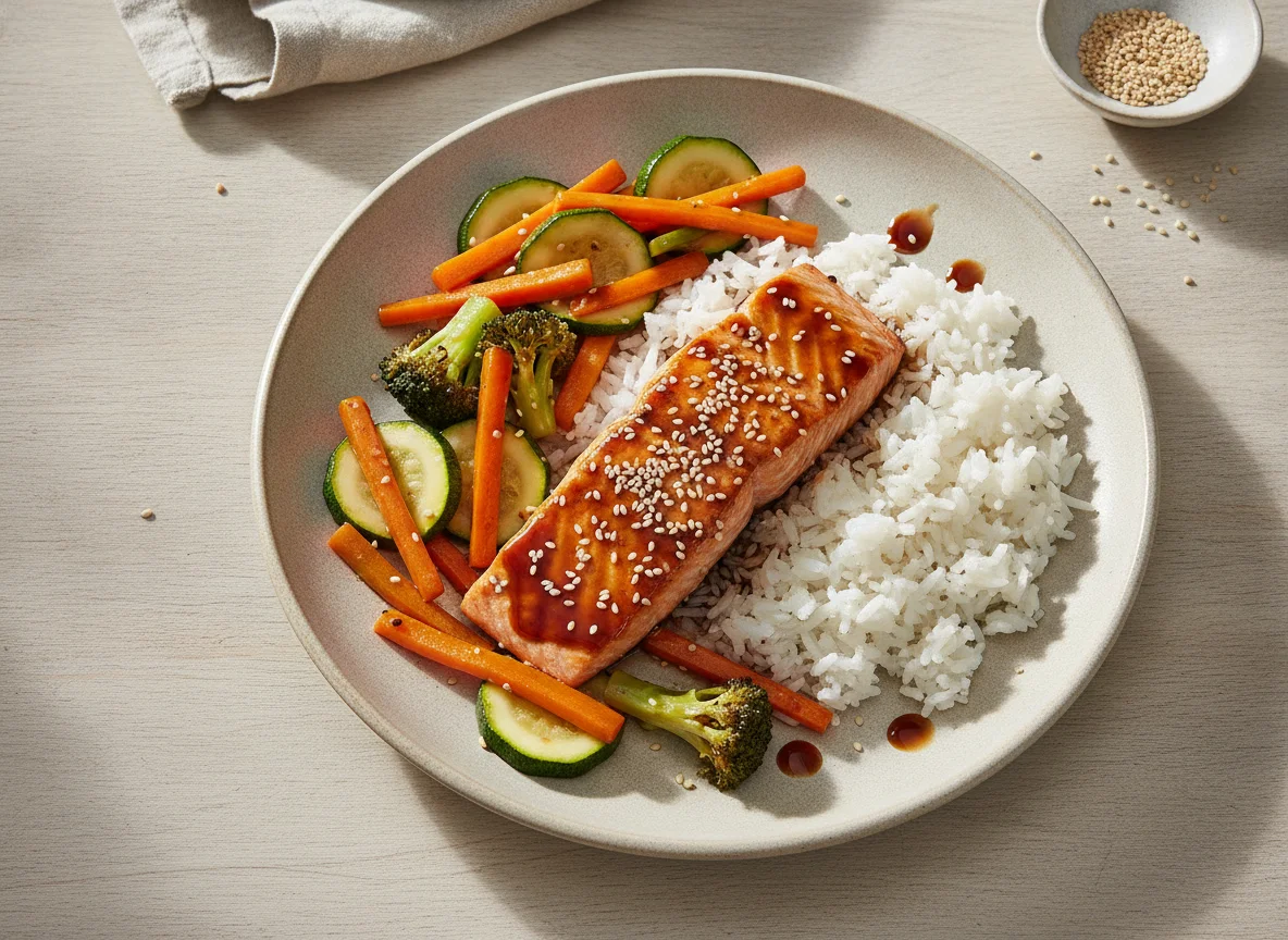 Lachs Teriyaki mit Reis und Gemüse photo