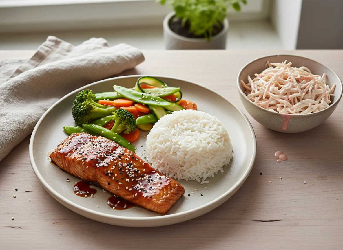 Lachs Teriyaki mit Reis und Salat photo