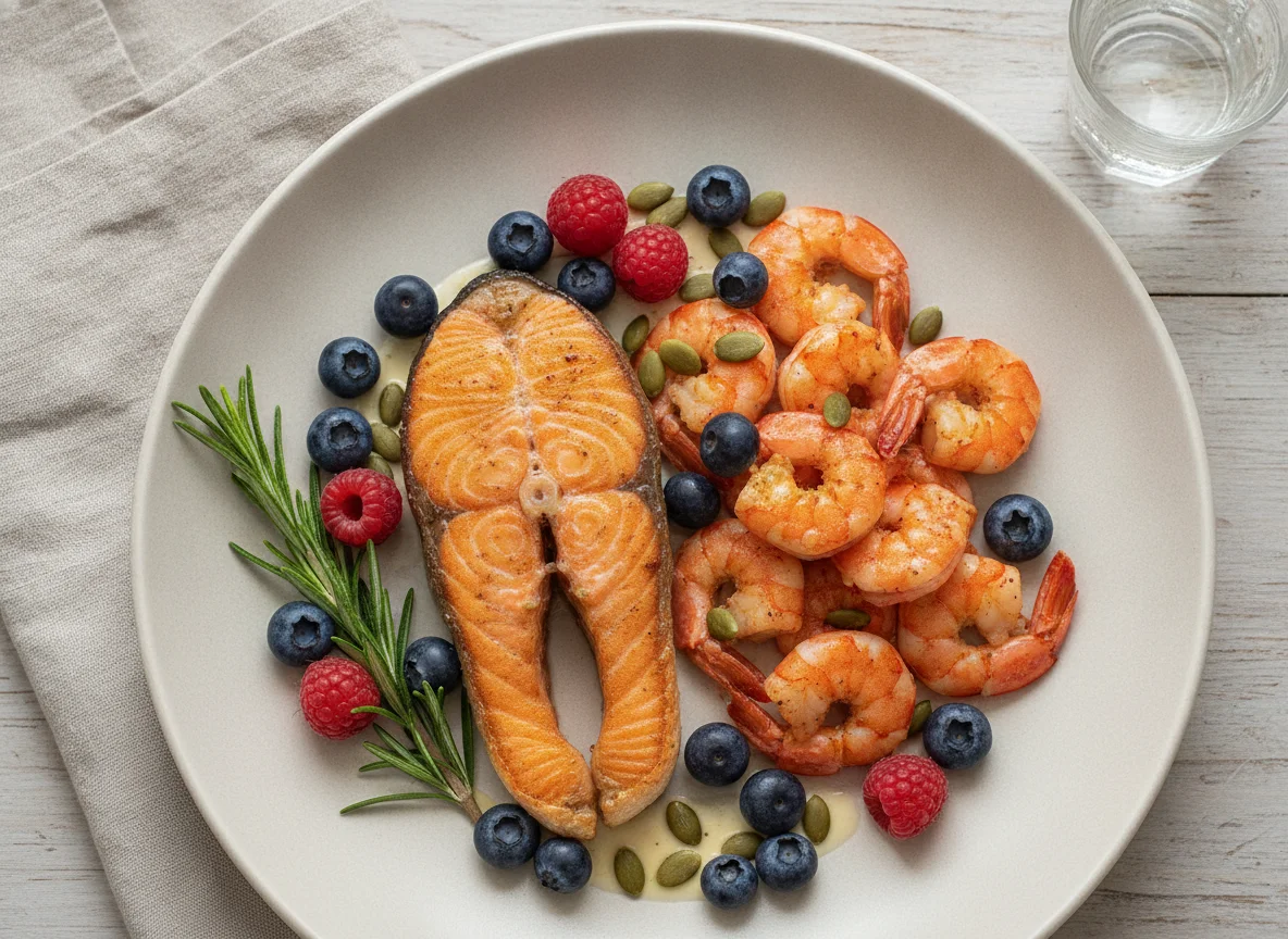 Lachs und Garnelen mit Beeren und Kürbiskernen photo