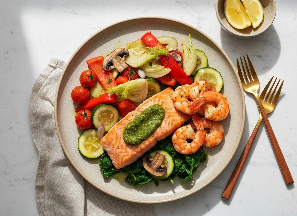 Lachs und Garnelen mit gebratenem Gemüse und Spinat photo