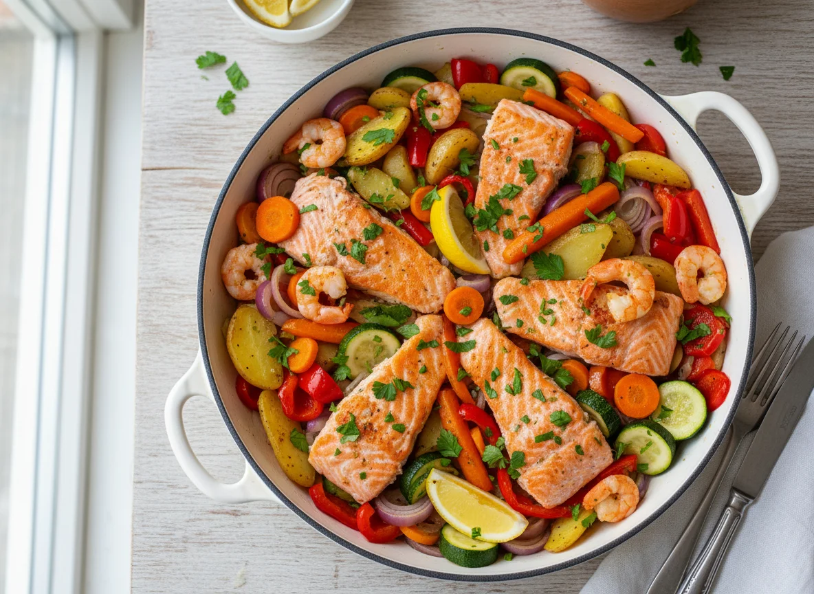 Lachs- und Garnelenpfanne mit Gemüse und Kartoffeln photo