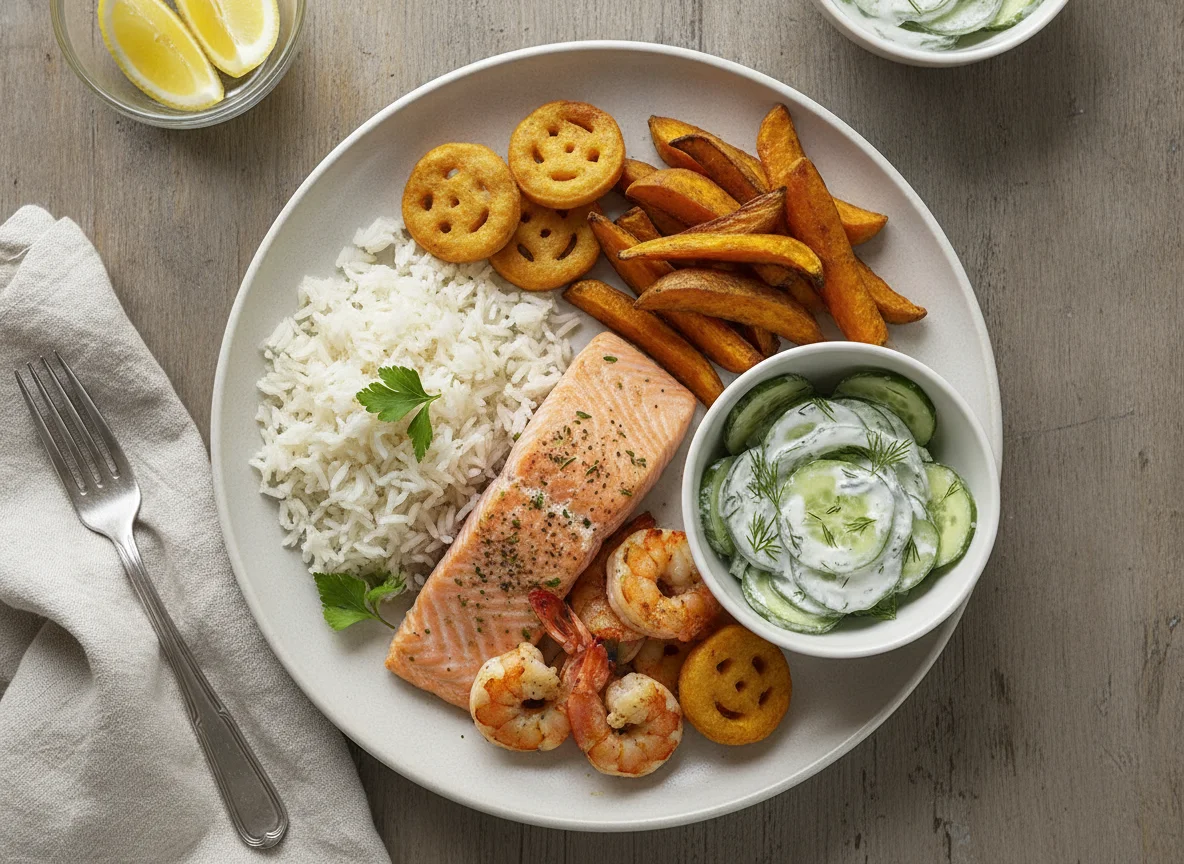 Lachs- und Garnelenpfanne mit Reis, Süßkartoffeln und Gurkensalat photo