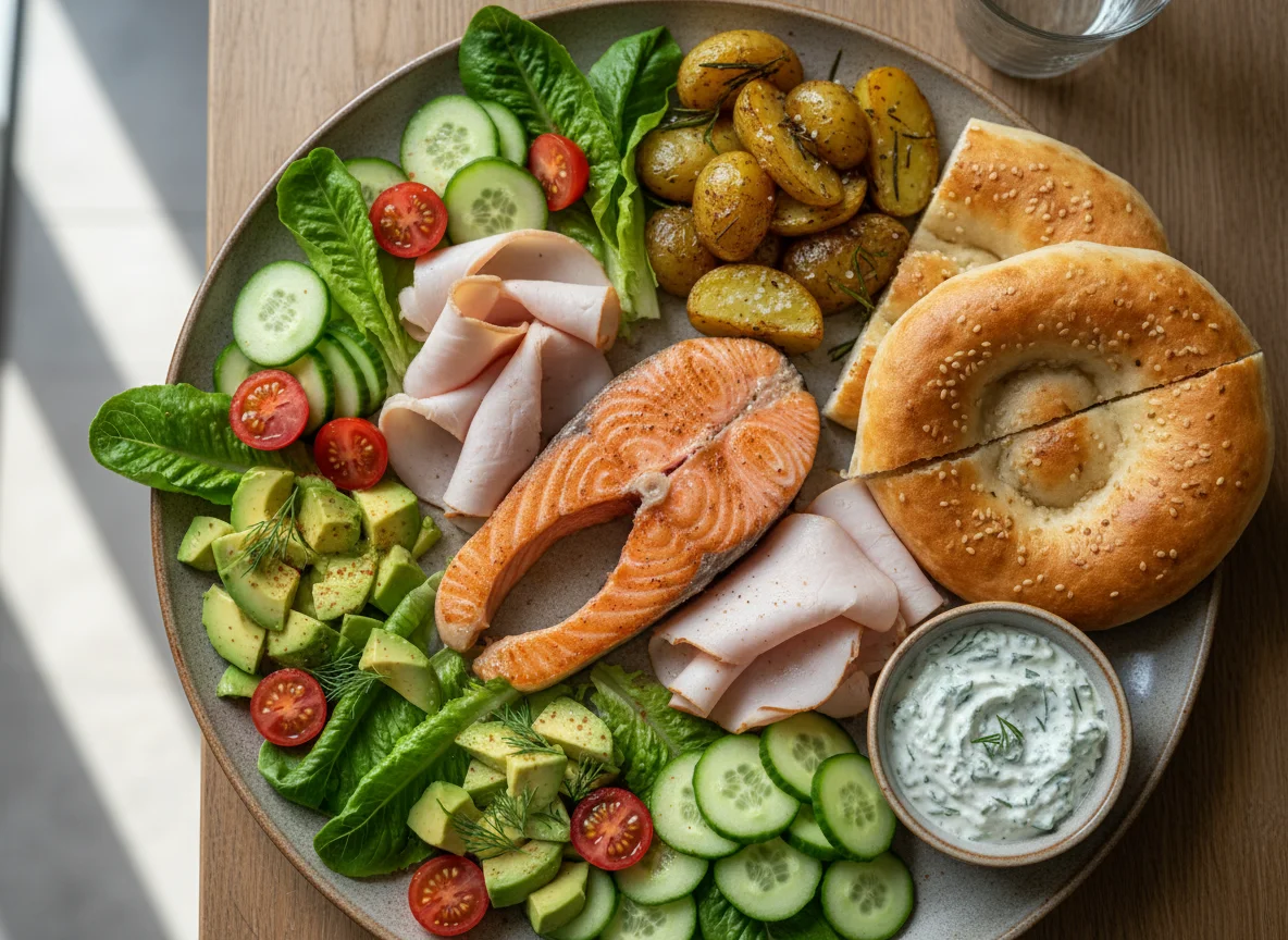 Lachs- und Putenbrustteller mit Gemüse und Fladenbrot photo