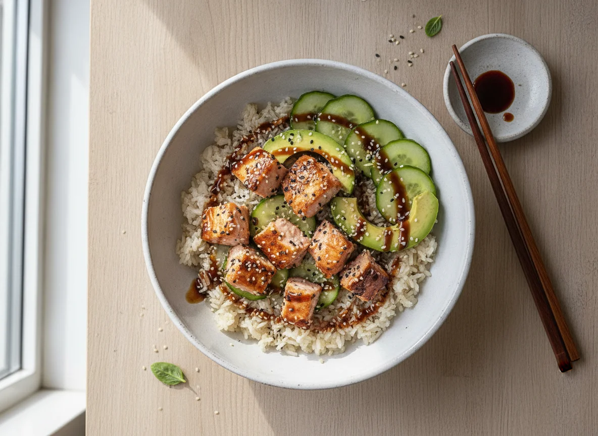 Lachs-Avocado-Bowl mit Reis photo