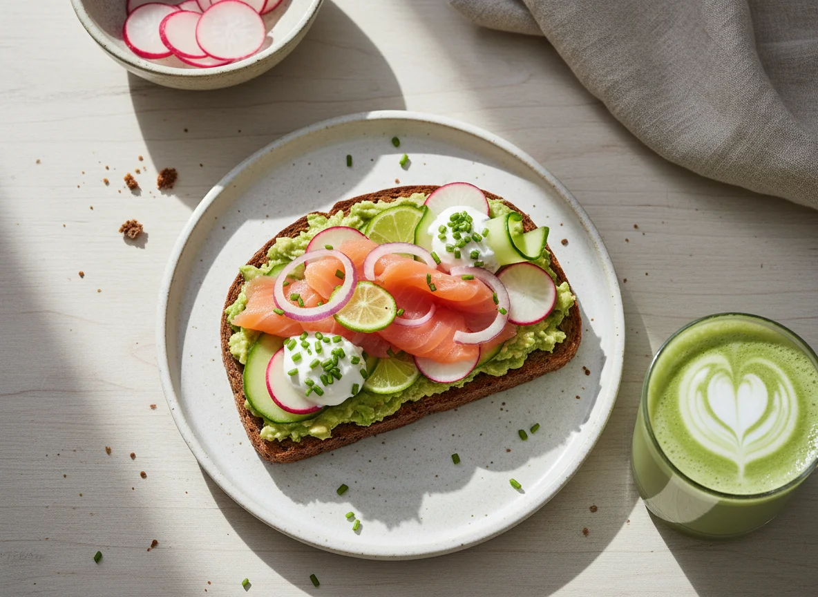 Lachs-Avocado-Brot mit Radieschen und Zwiebeln photo
