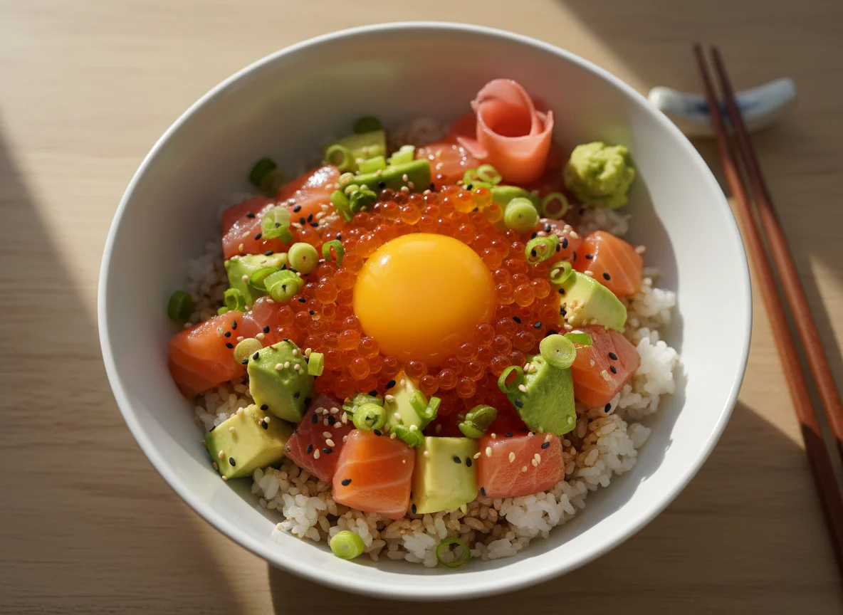 Lachs-Avocado-Reisschale mit Lachsrogen und Eigelb photo