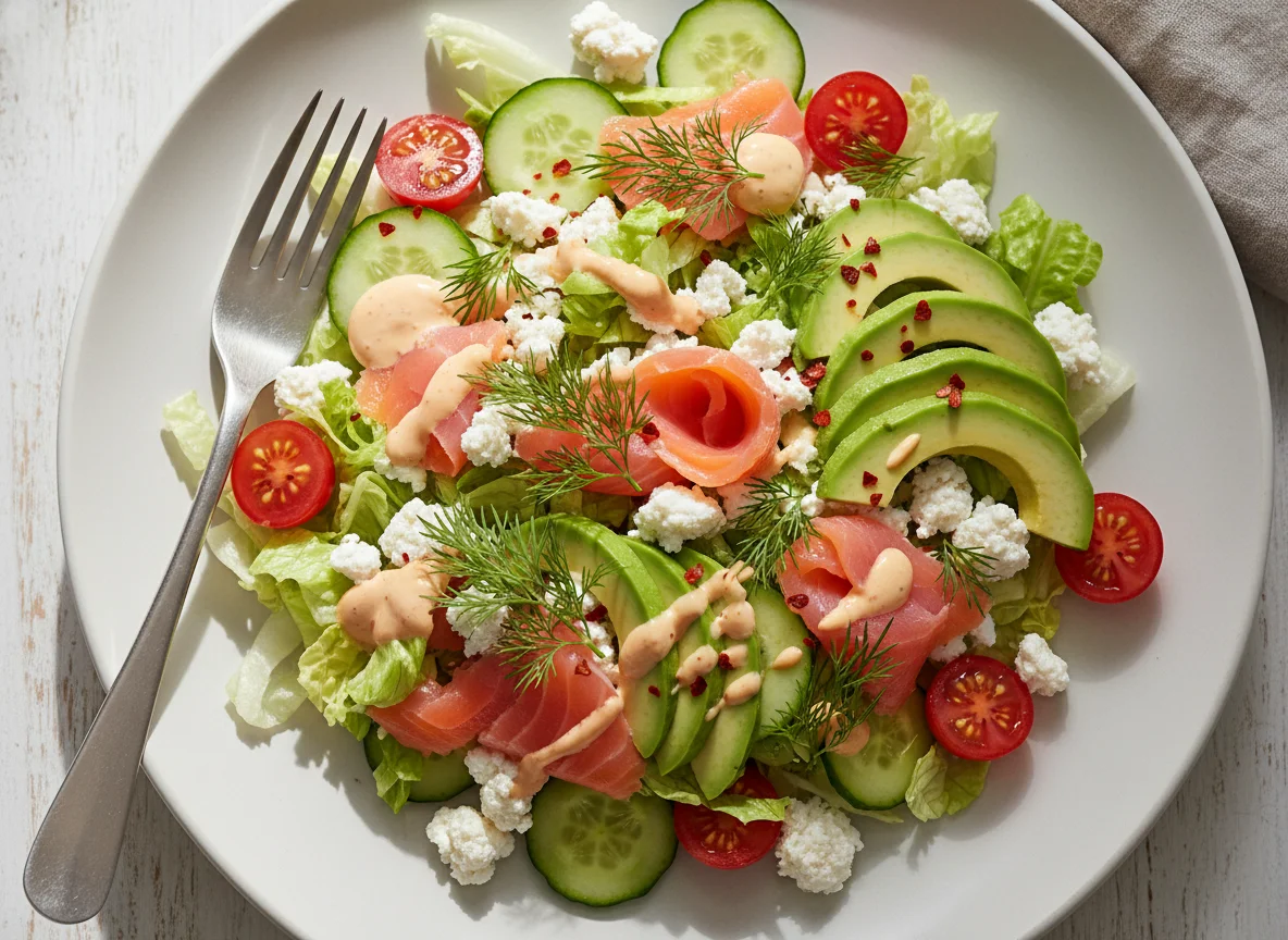 Lachs-Avocado-Salat mit Hüttenkäse und Burgersauce photo