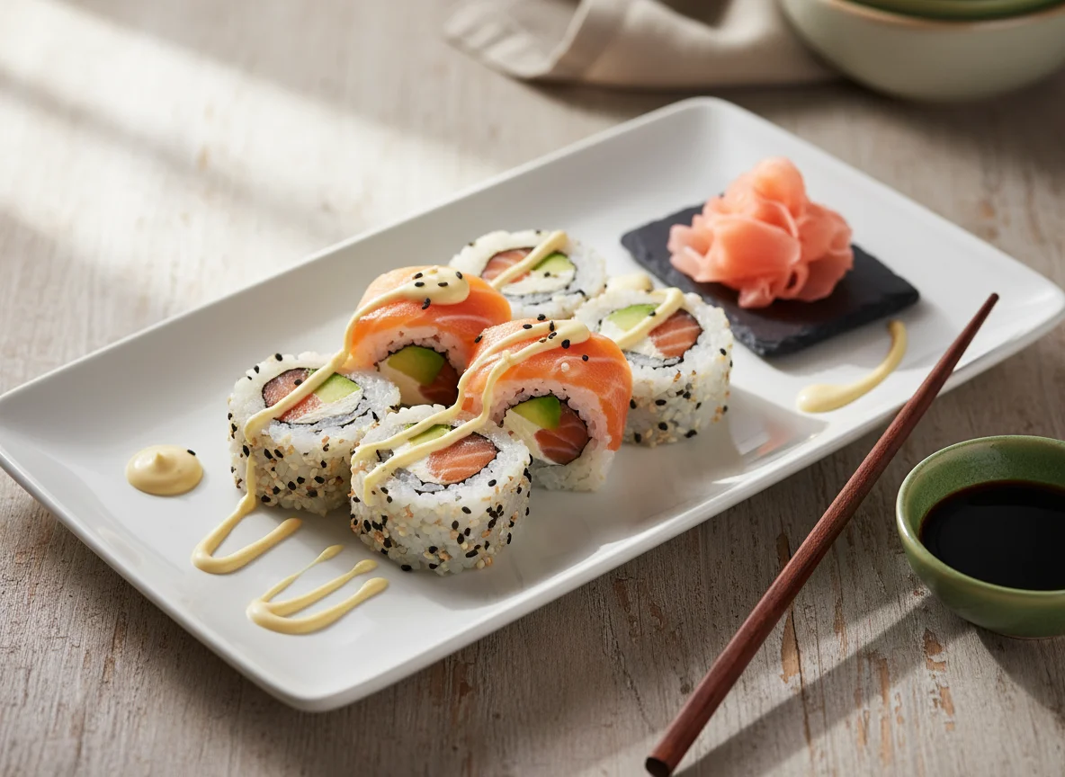 Lachs-Avocado-Sushi mit Ingwer und Mayonnaise photo