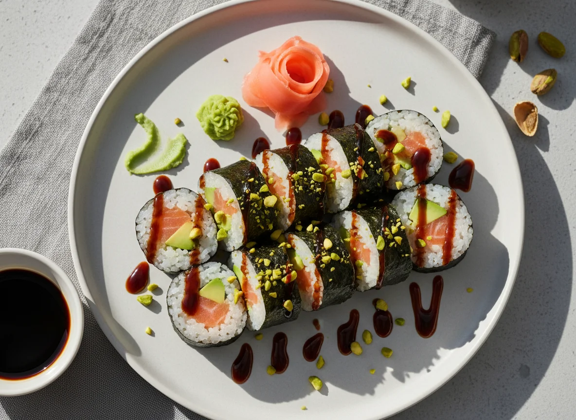 Lachs-Avocado-Sushi mit Pistazien und Teriyaki-Sauce photo