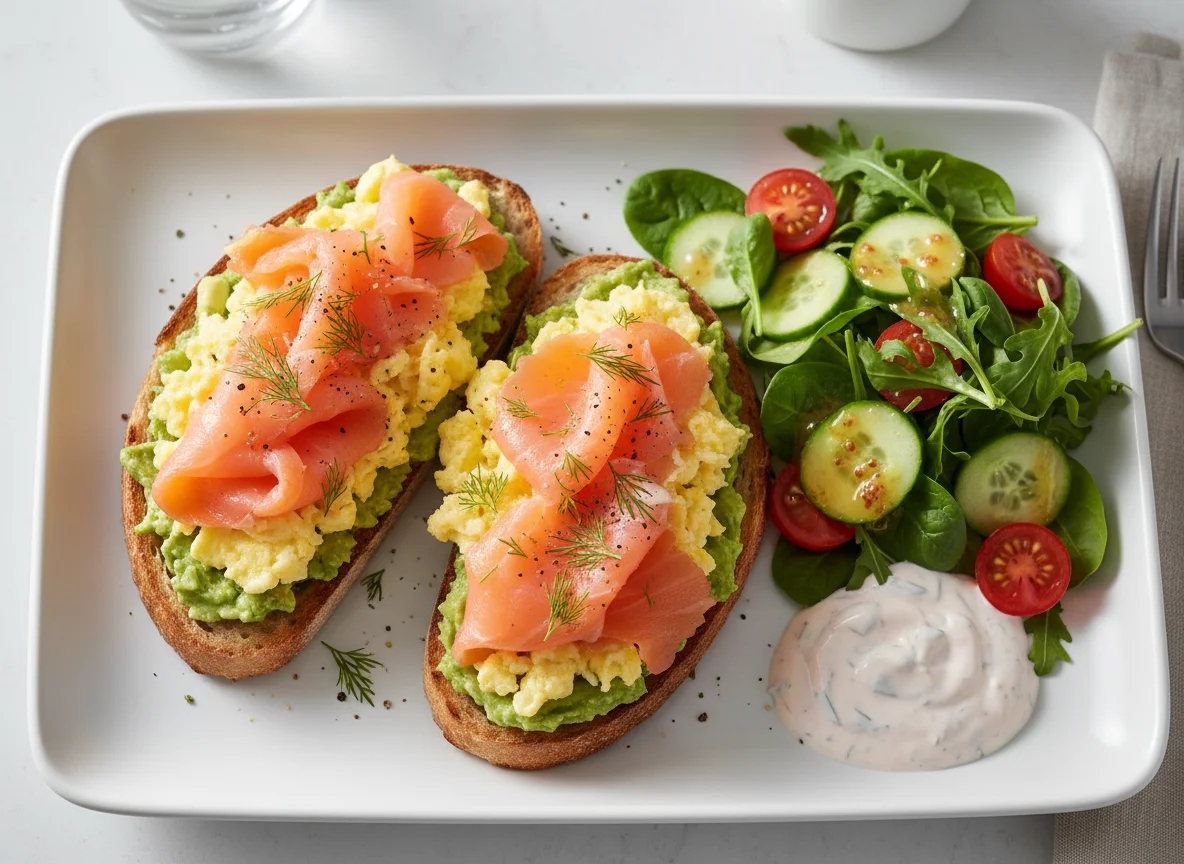 Lachs-Avocado-Toast mit Beilagensalat photo