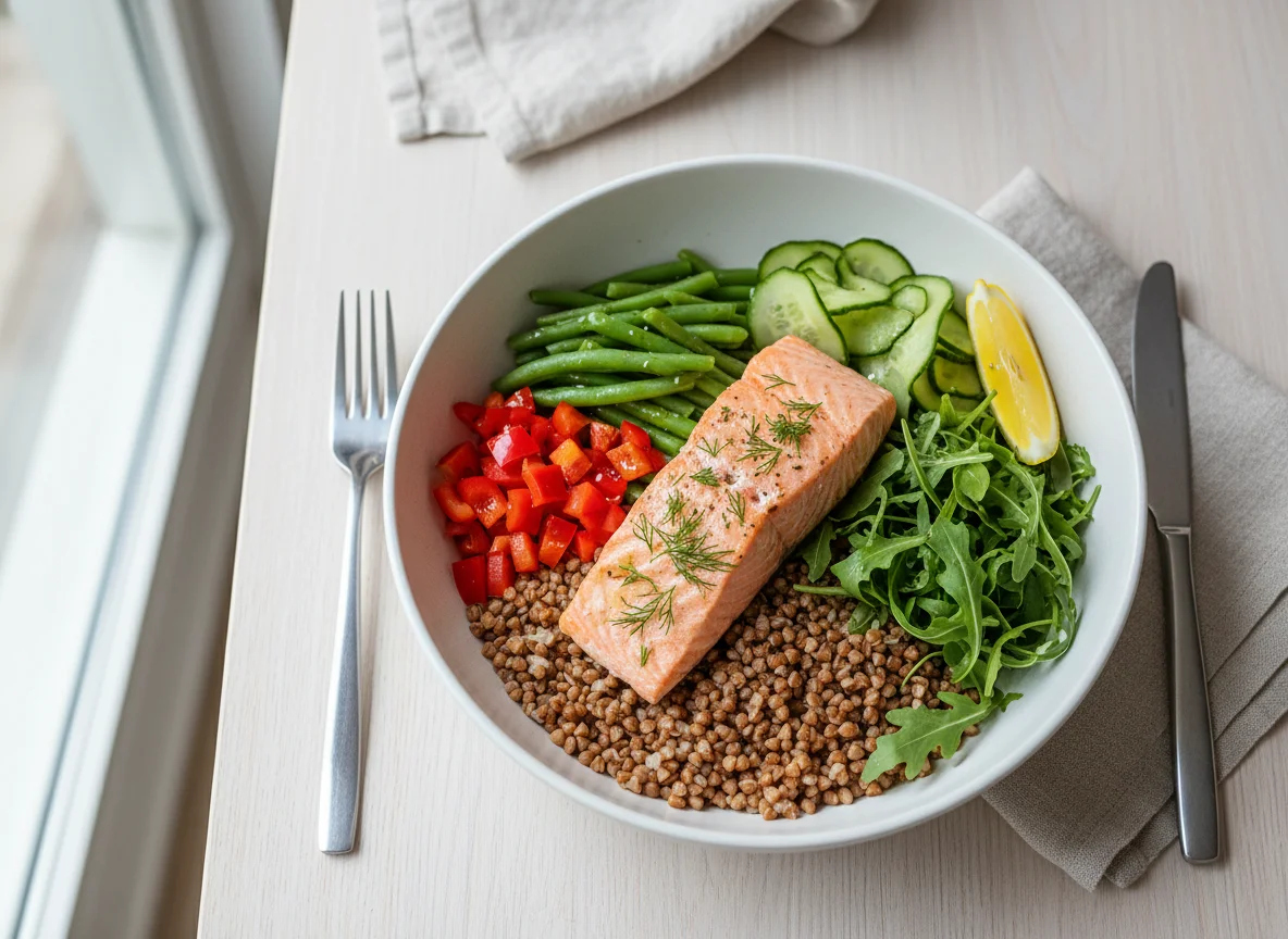 Lachs-Bowl mit Buchweizen und Gemüse photo