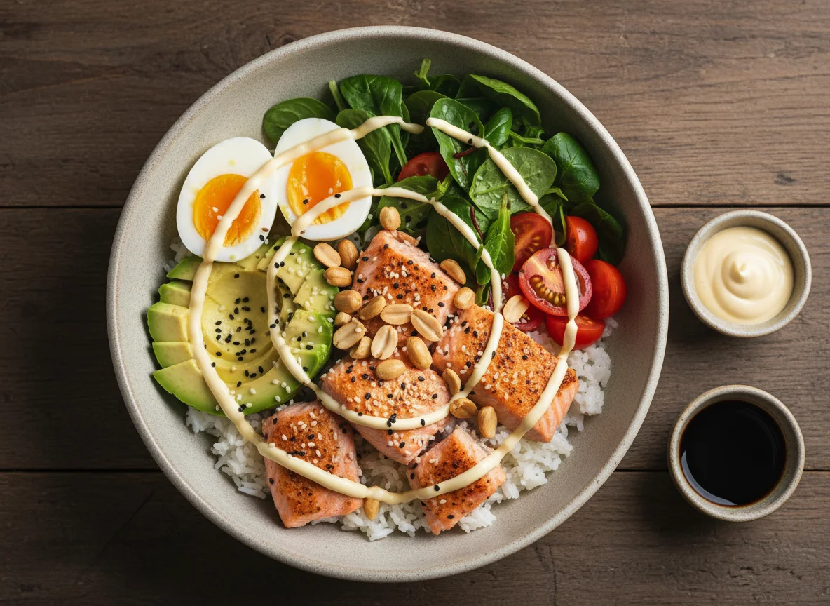 Lachs-Bowl mit Erdnüssen und Ei photo
