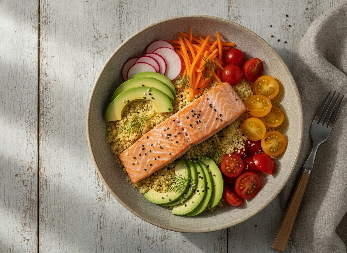 Lachs-Bowl mit Gemüse und Avocado photo