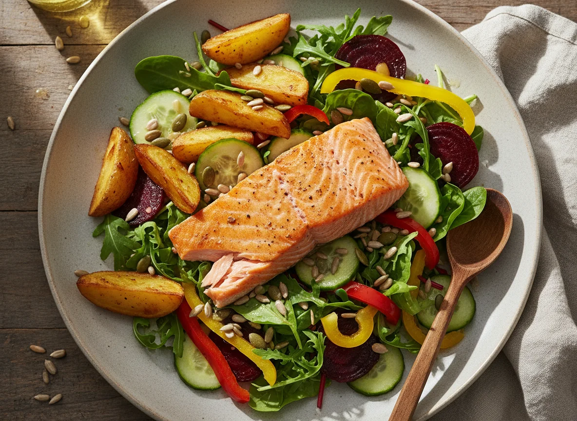 Lachs-Bowl mit Kartoffelspalten und gemischtem Salat photo