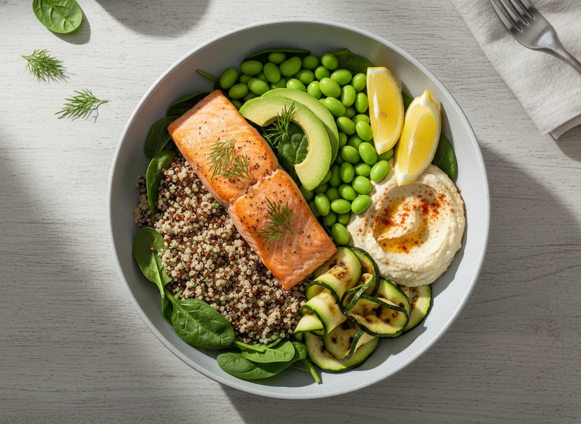 Lachs-Bowl mit Quinoa und Avocado photo