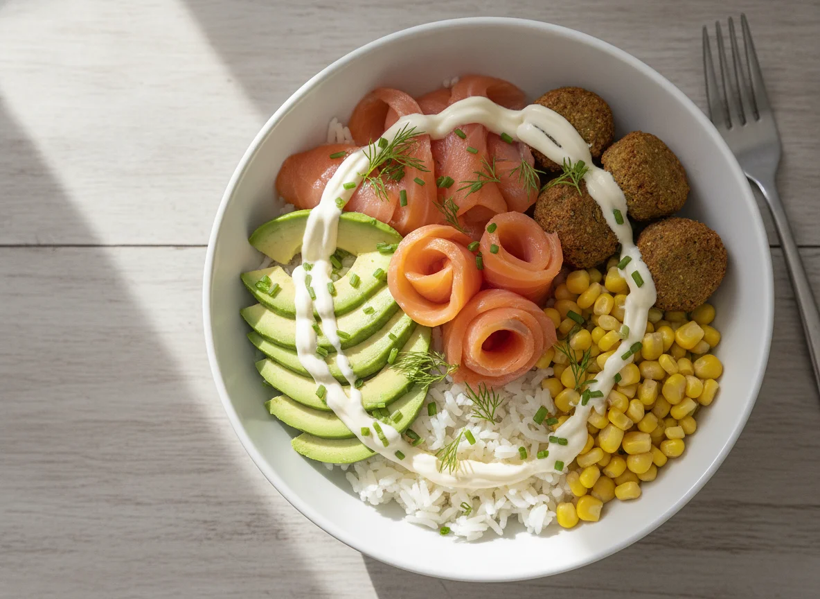 Lachs-Bowl mit Reis und Avocado photo