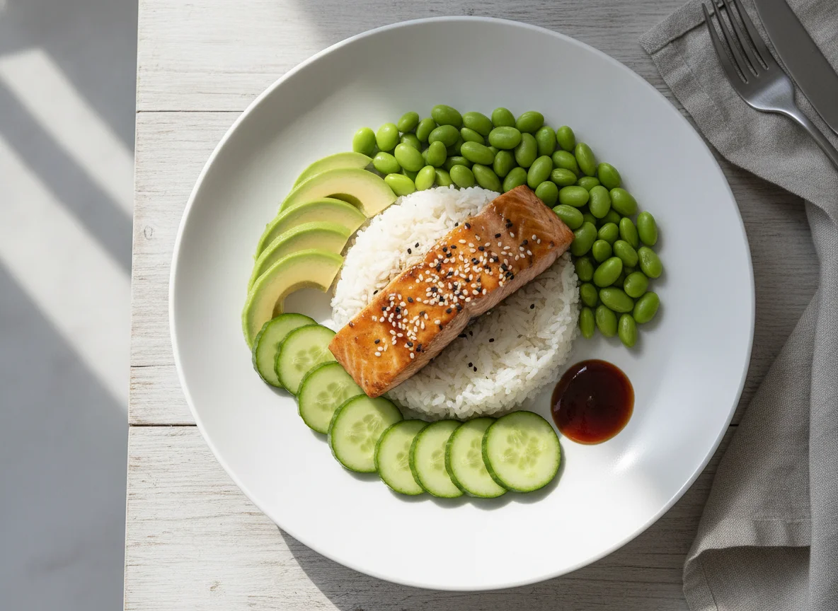 Lachs-Bowl mit Reis und Edamame photo