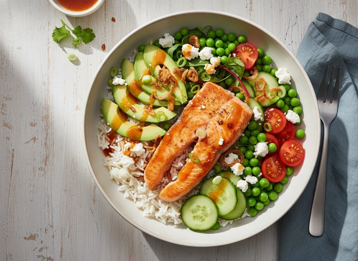 Lachs-Bowl mit Reis und Gemüse photo