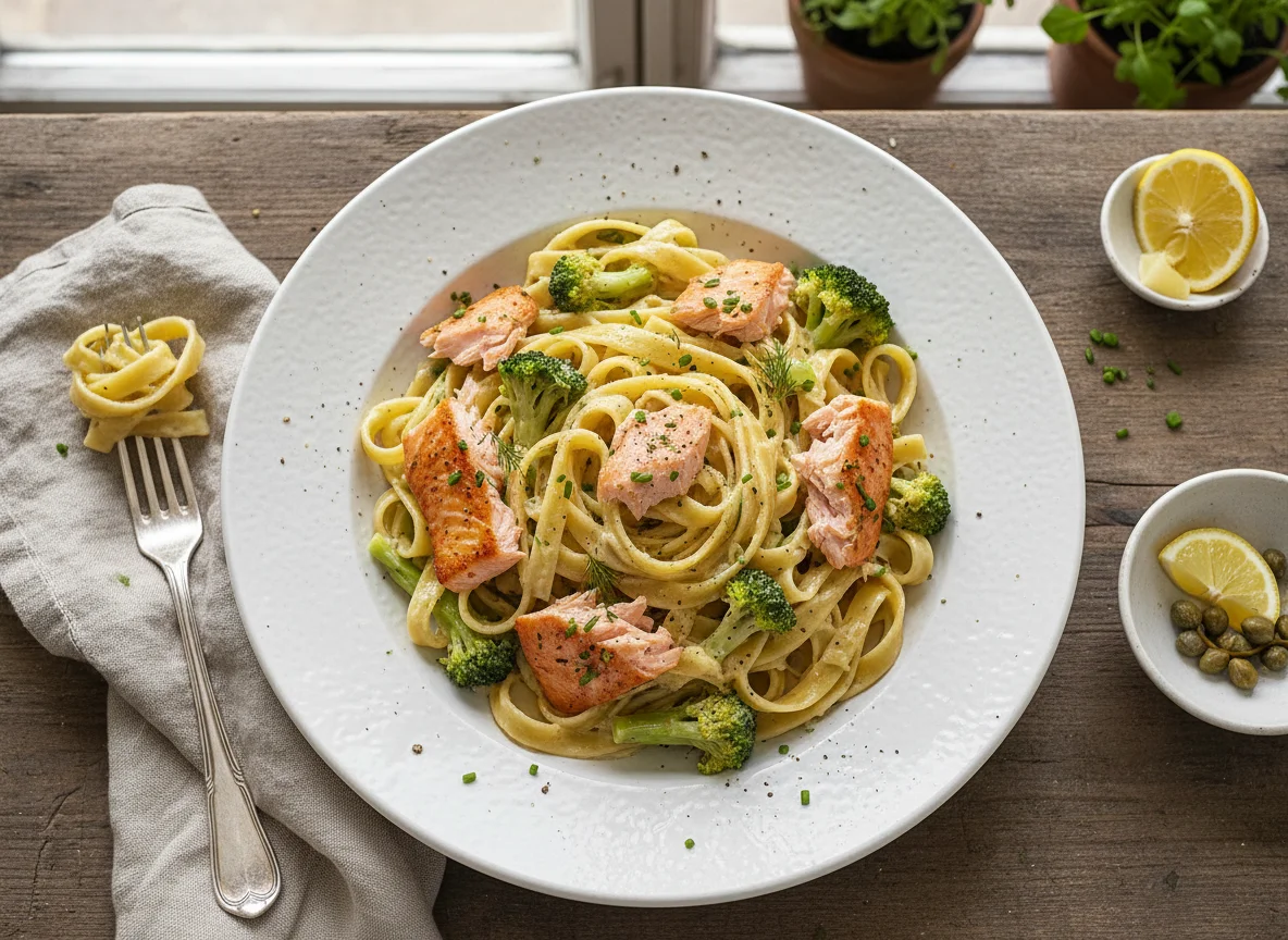 Lachs-Brokkoli-Nudeln in Sahnesauce photo