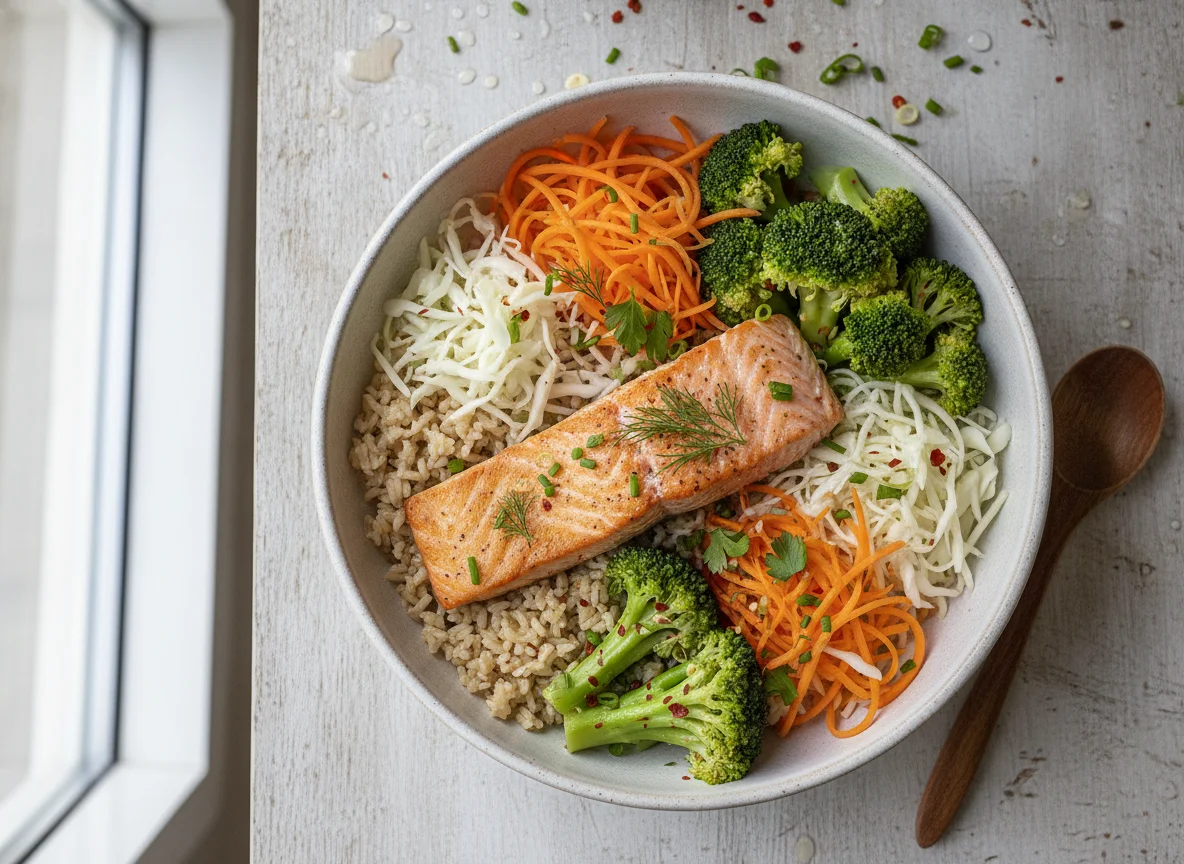 Lachs-Brokkoli-Reis-Bowl photo