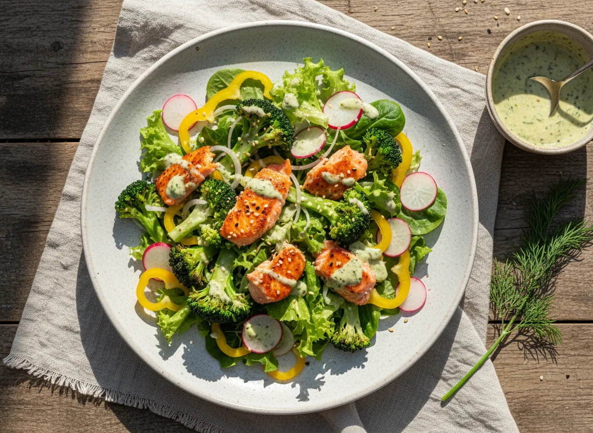 Lachs-Brokkoli-Salat mit Dressing photo