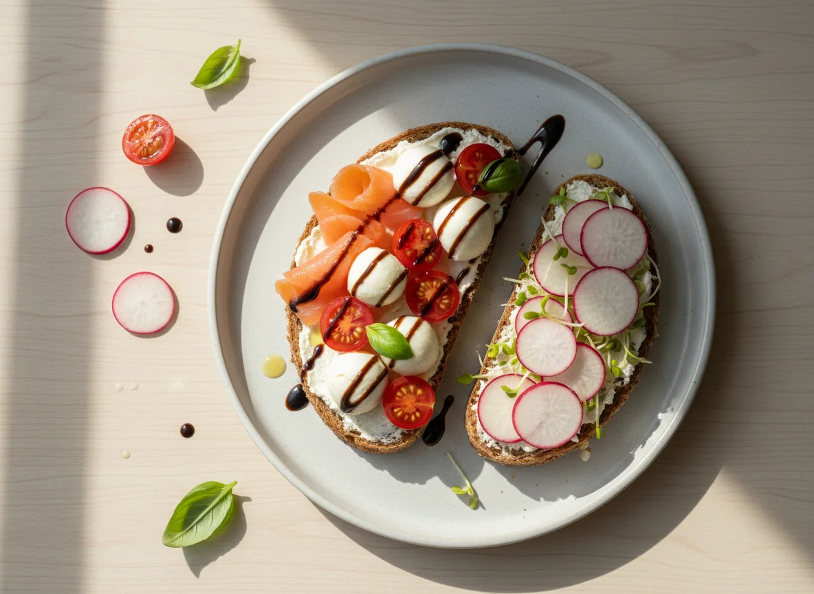 Lachs-Brot mit Caprese und Gemüse photo