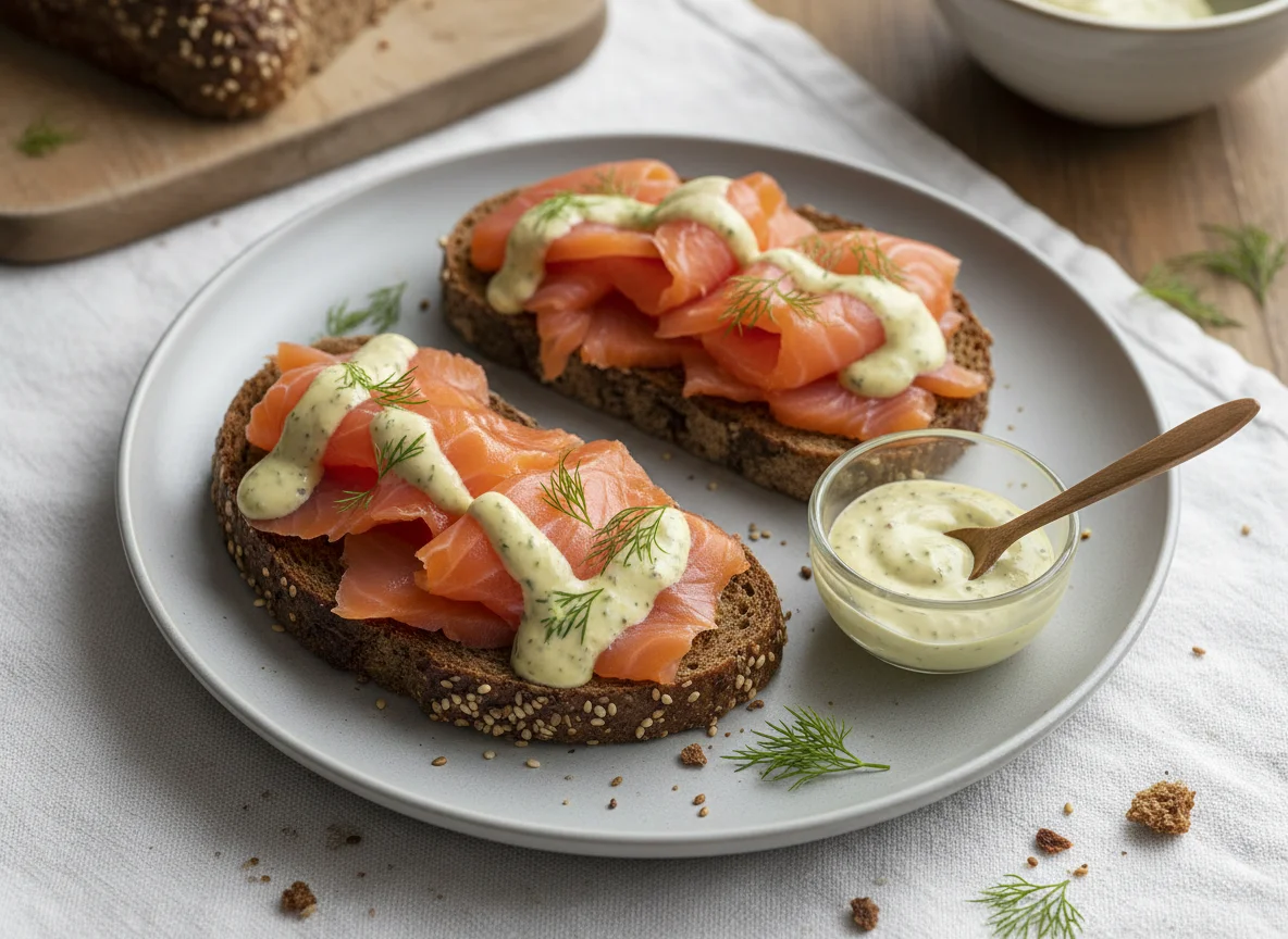 Lachs-Brot mit Dill-Senf-Sauce photo