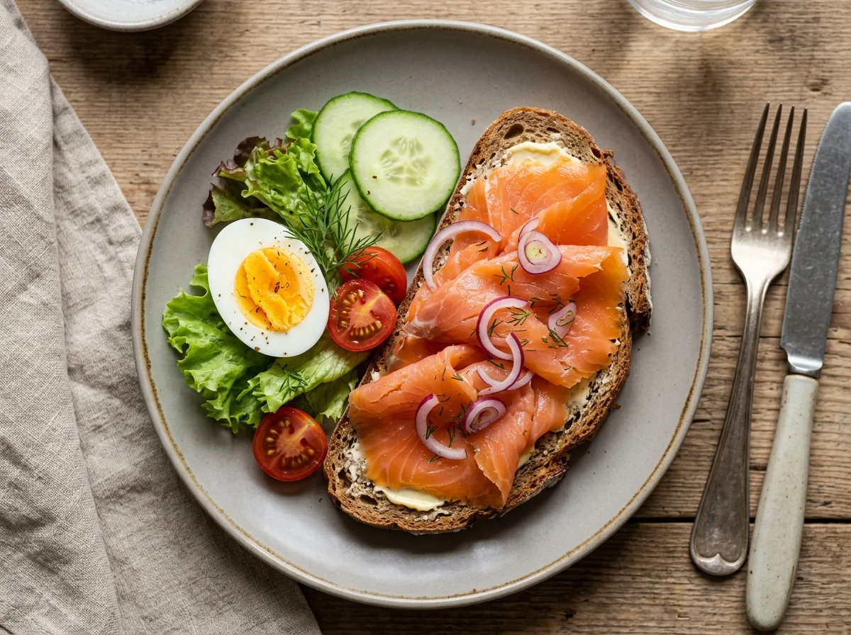 Lachs-Brot mit Ei und Salat photo