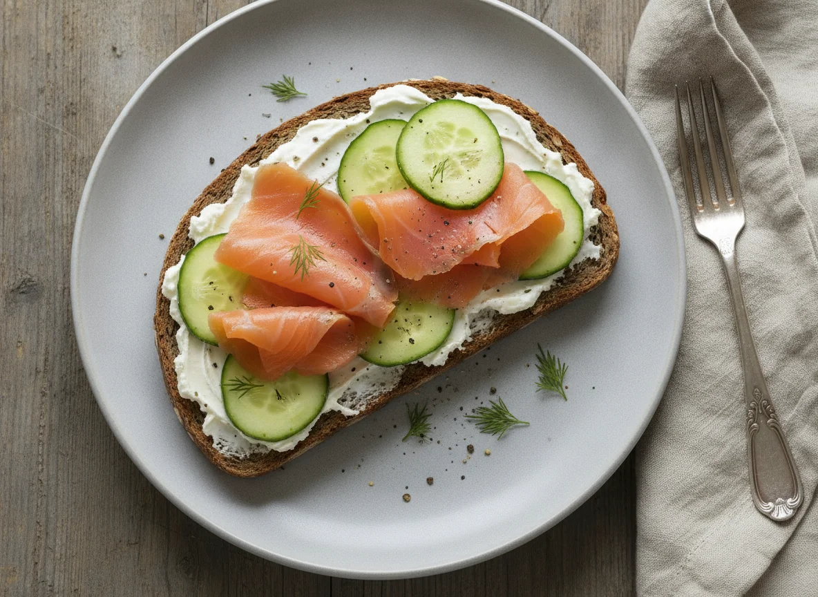 Lachsbrot mit Frischkäse und Gurke photo