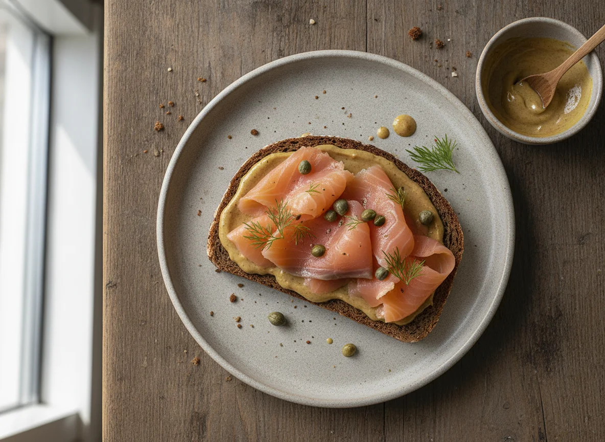 Lachsbrot mit Honig-Senf-Sauce photo