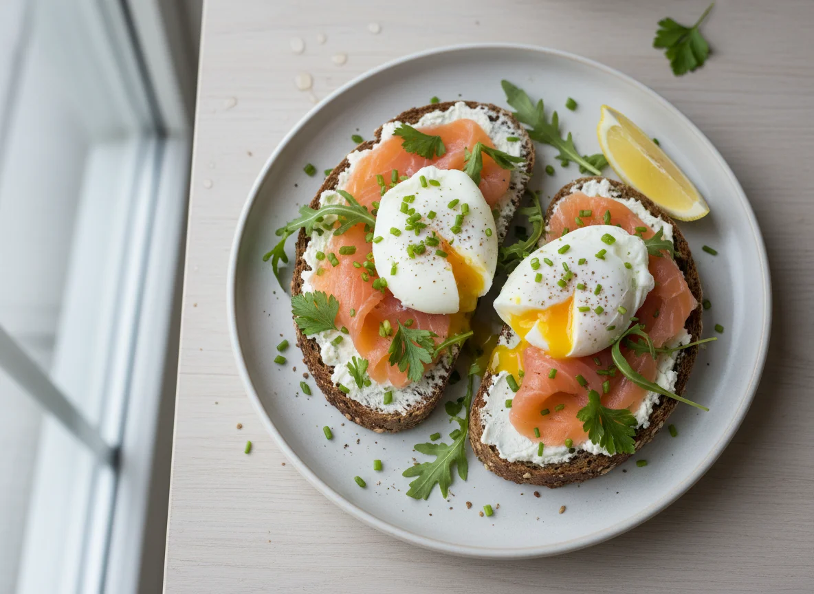Lachs-Brot mit pochierten Eiern photo
