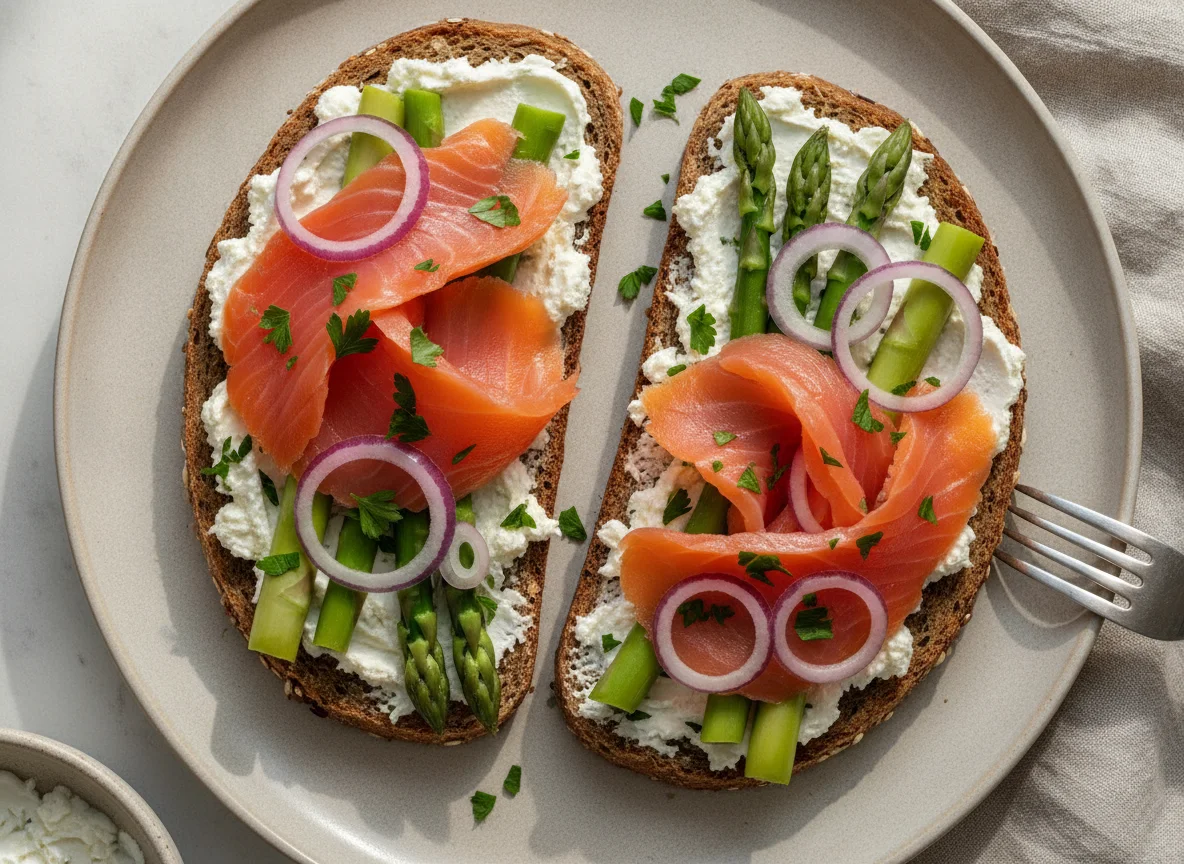 Lachs-Brot mit Spargel und Zwiebeln photo