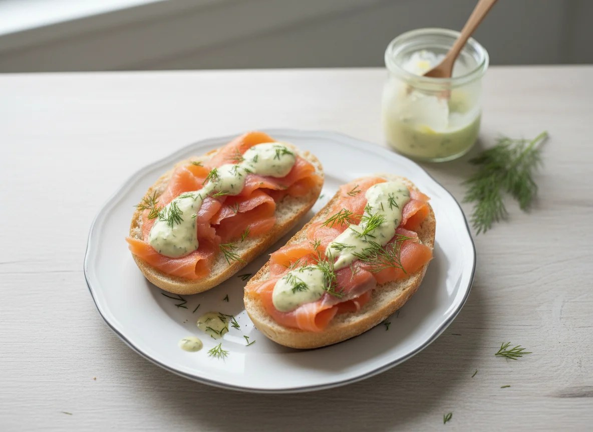Lachsbrötchen mit Dill-Senf-Sauce photo
