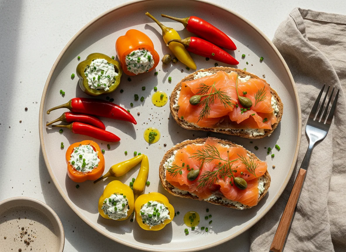 Lachsbrötchen mit gefüllten Paprika und Peperoni photo