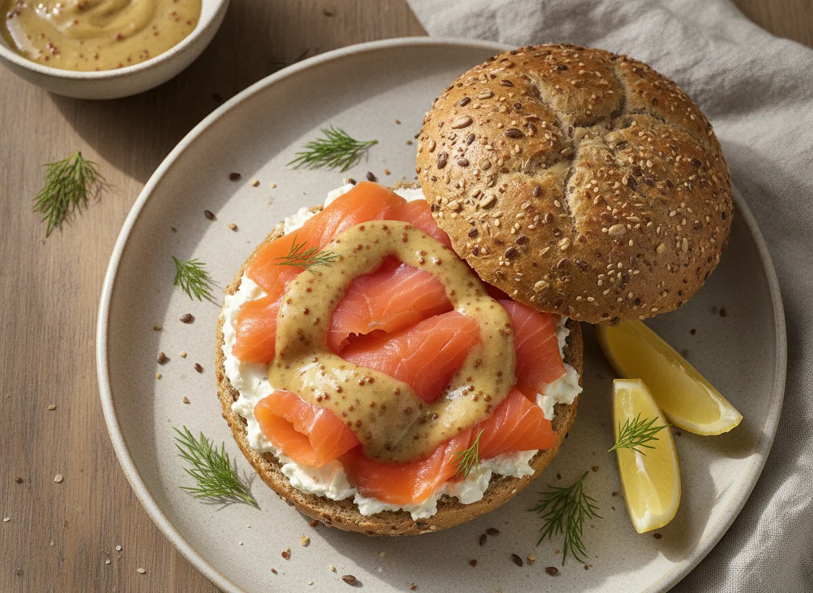 Lachsbrötchen mit Honig-Senf-Sauce photo